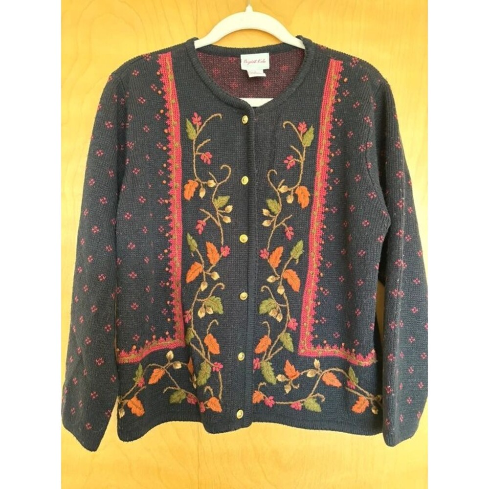 Vintage Crystal Kobe Embroidered Floral Cardigan Sweater Size Small